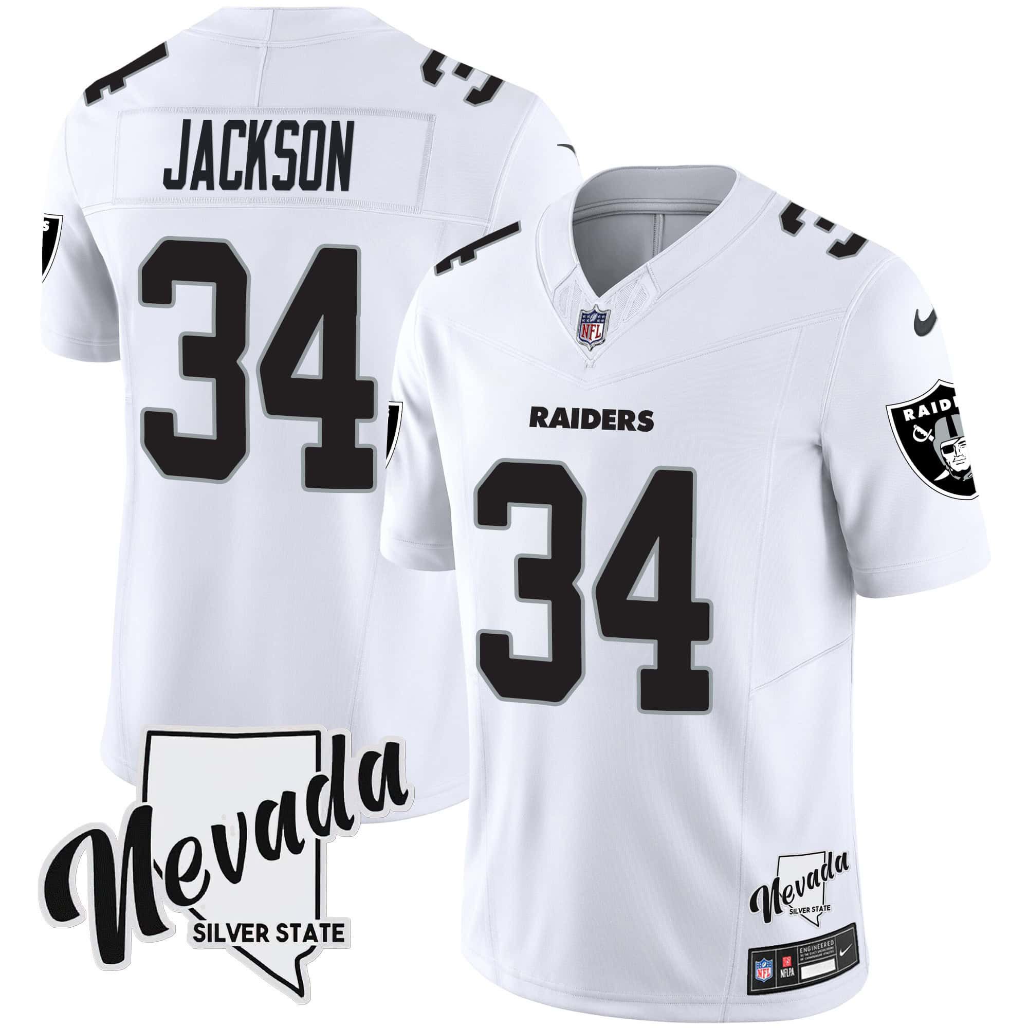 Men Oakland Raiders 34 Jackson White 2024 Nike Nevada Silver State Patch Vapor NFL Jersey